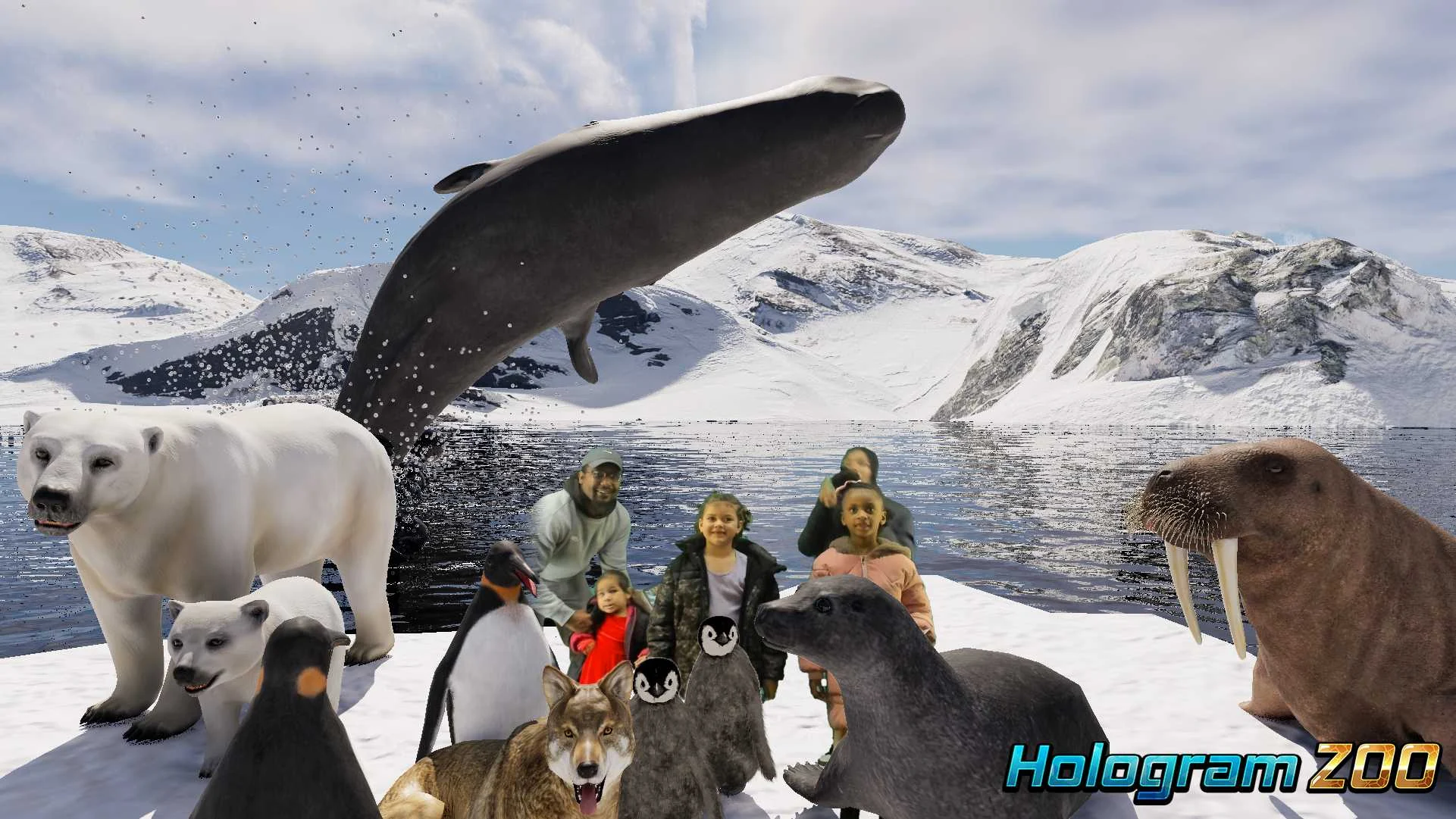 A family standing on hologram ice beside a whale, polar bear and penguins at Hologram Zoo Illinois inside Hawthorn Mall, Vernon Hills