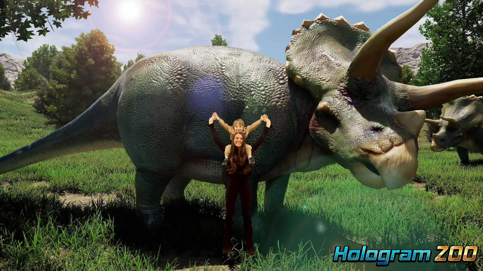 Mother with her child on her shoulders facing a life-size triceratops hologram inside Hologram Zoo Illinois