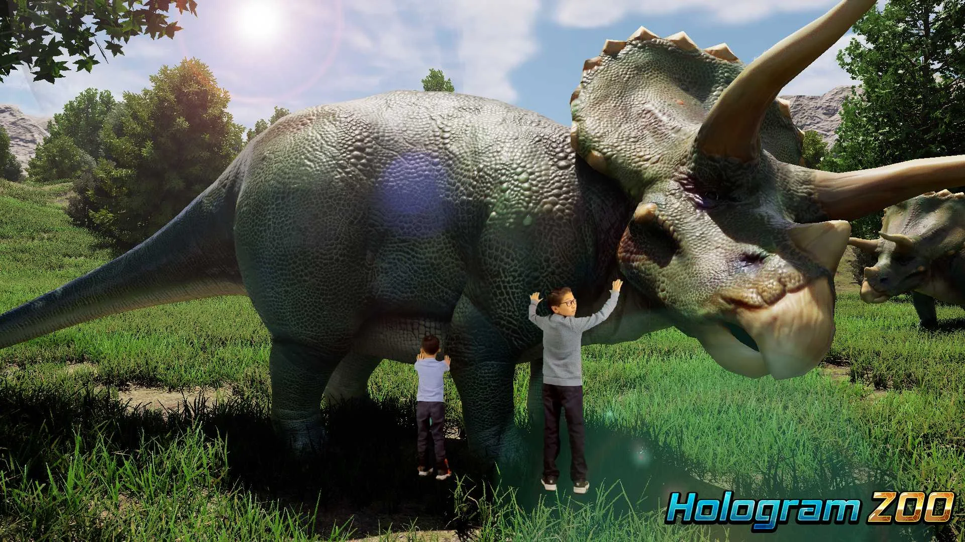 Two boys face a life-size triceratops hologram in the Dinosaur tunnel at Hologram Zoo Illinois